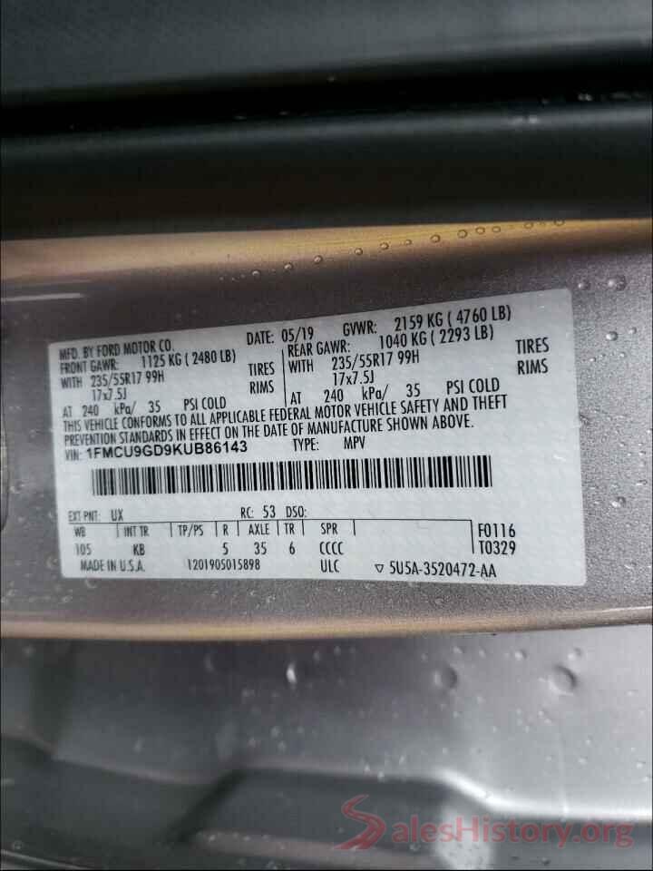 1FMCU9GD9KUB86143 2019 FORD ESCAPE