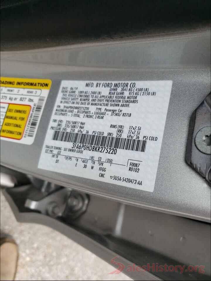 3FA6P0HD8KR275220 2019 FORD FUSION