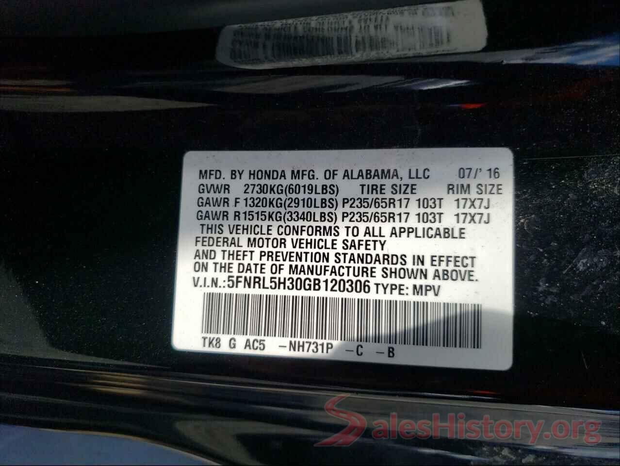 5FNRL5H30GB120306 2016 HONDA ODYSSEY