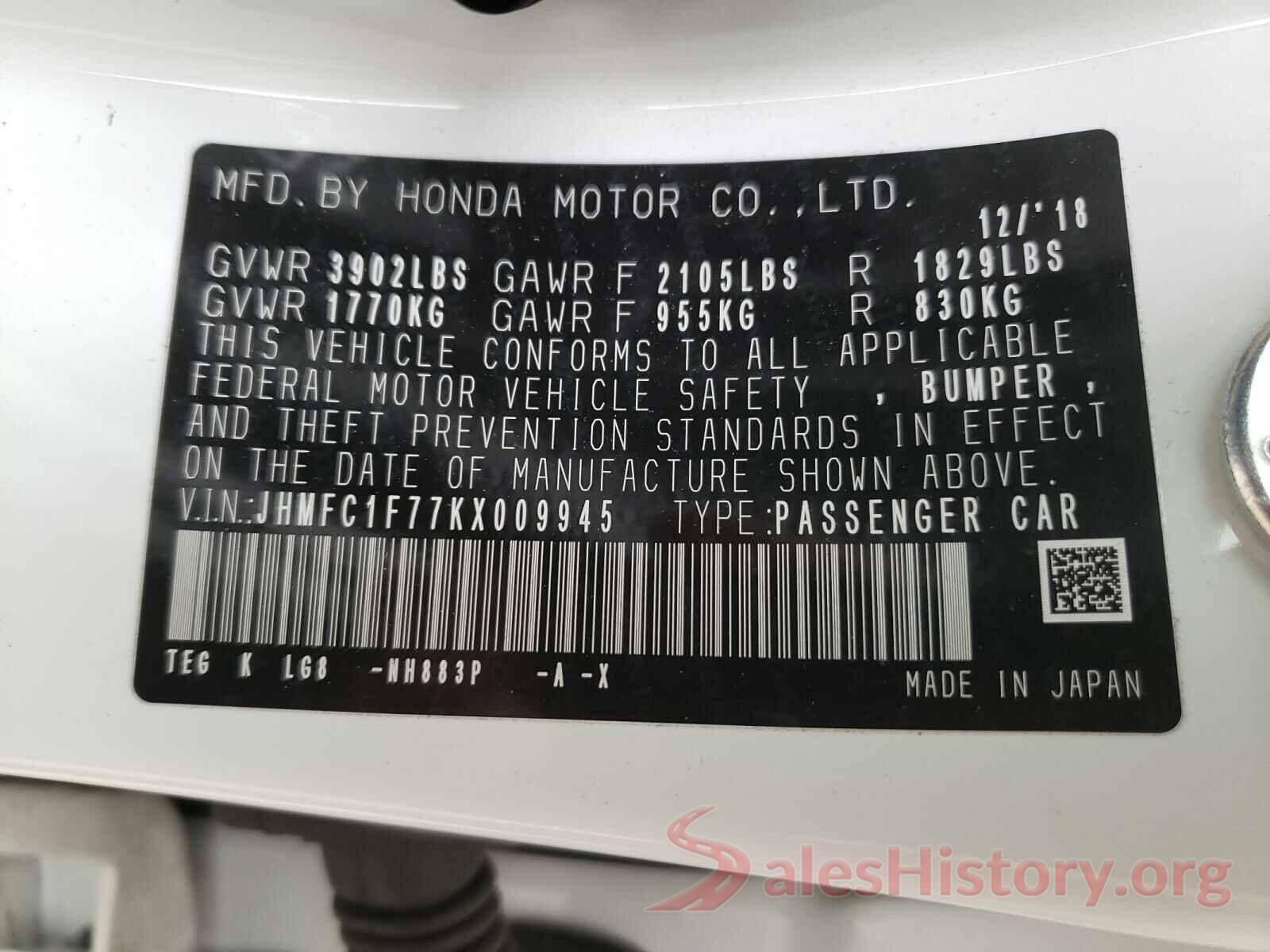 JHMFC1F77KX009945 2019 HONDA CIVIC