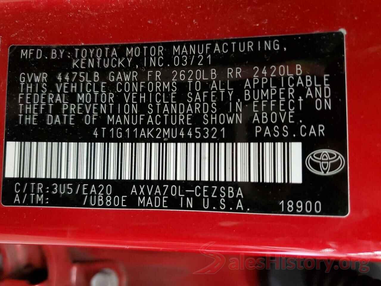 4T1G11AK2MU445321 2021 TOYOTA CAMRY