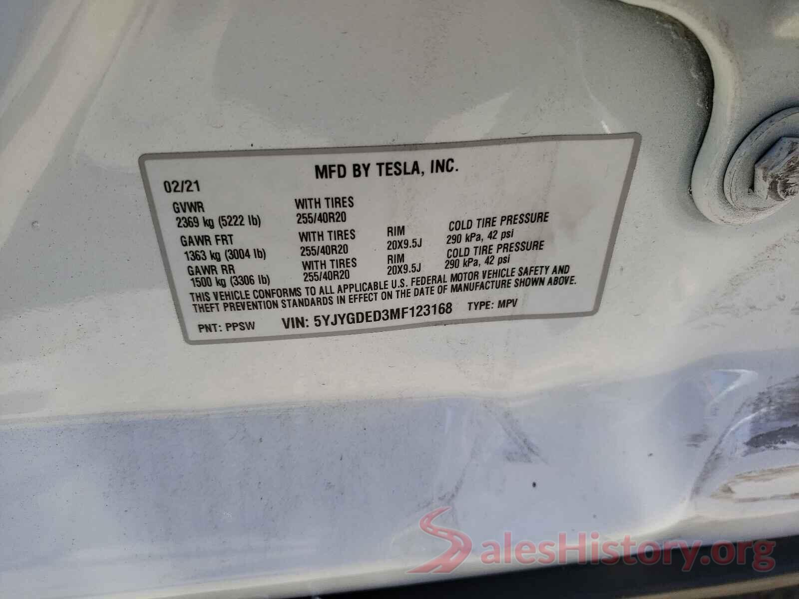 5YJYGDED3MF123168 2021 TESLA MODEL Y