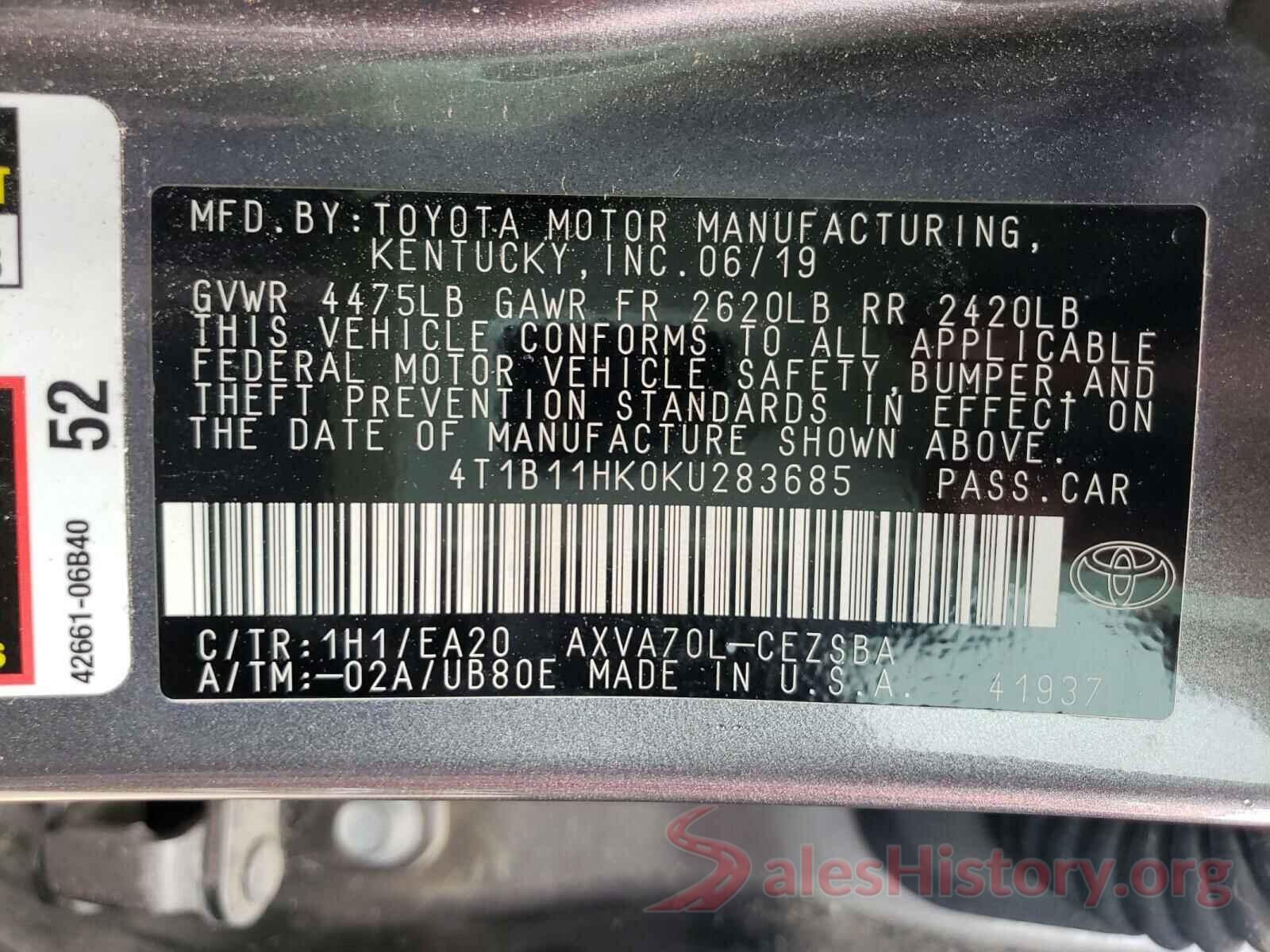 4T1B11HK0KU283685 2019 TOYOTA CAMRY