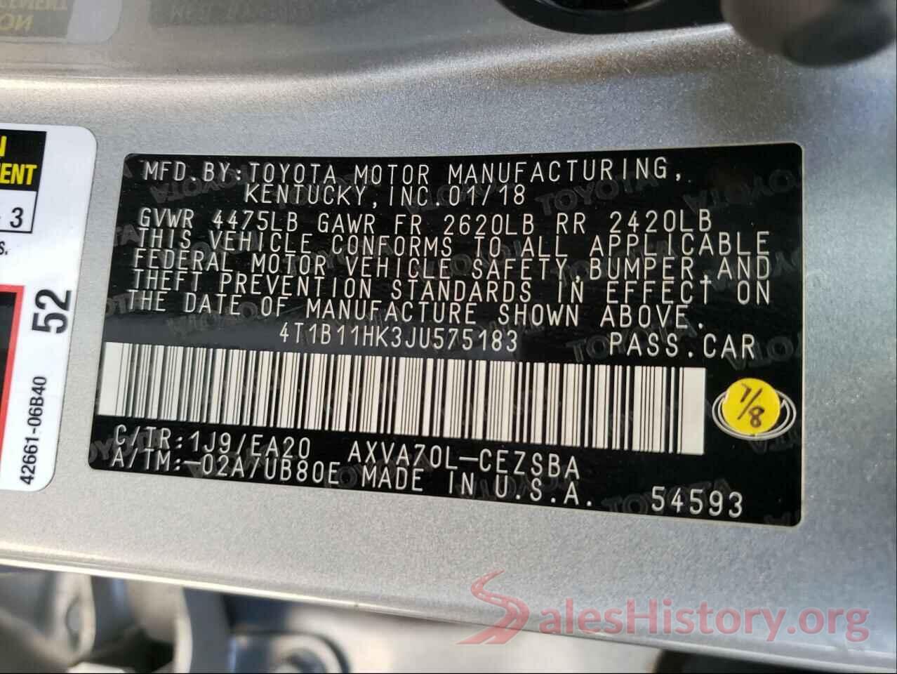 4T1B11HK3JU575183 2018 TOYOTA CAMRY