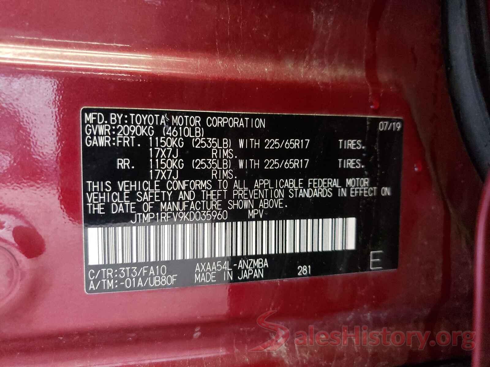 JTMP1RFV9KD035960 2019 TOYOTA RAV4