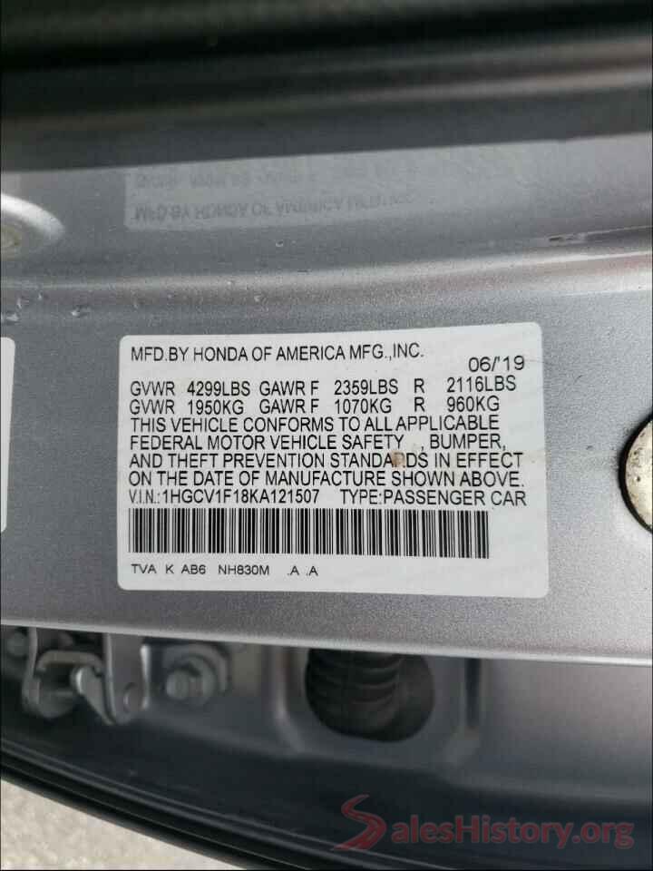 1HGCV1F18KA121507 2019 HONDA ACCORD