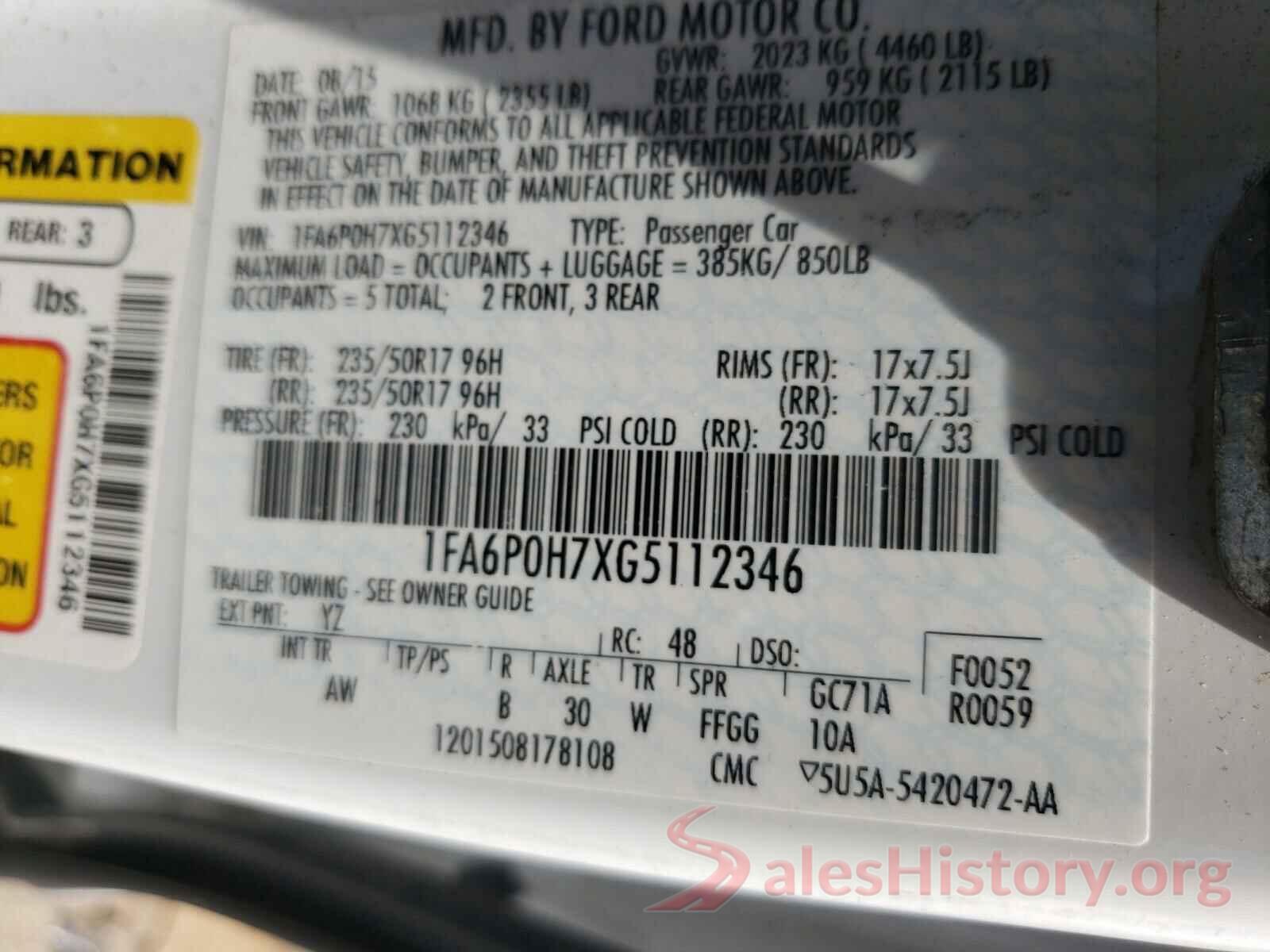 1FA6P0H7XG5112346 2016 FORD FUSION