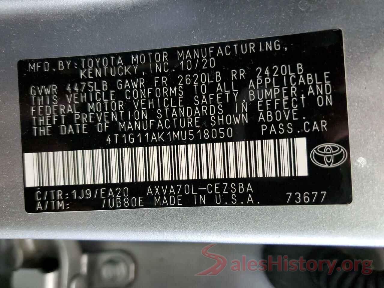 4T1G11AK1MU518050 2021 TOYOTA CAMRY