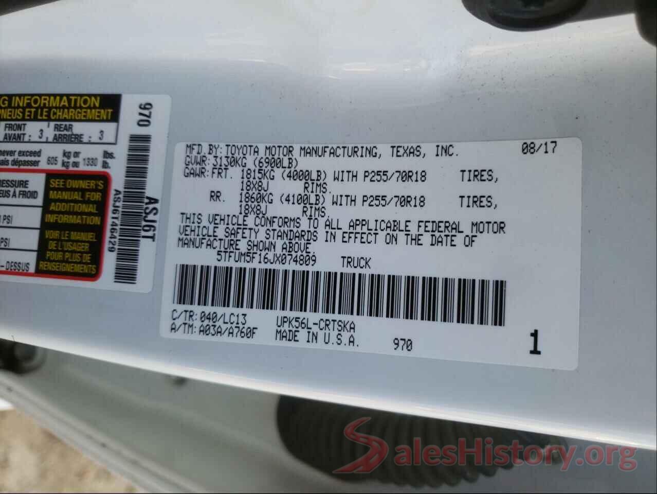 5TFUM5F16JX074809 2018 TOYOTA TUNDRA