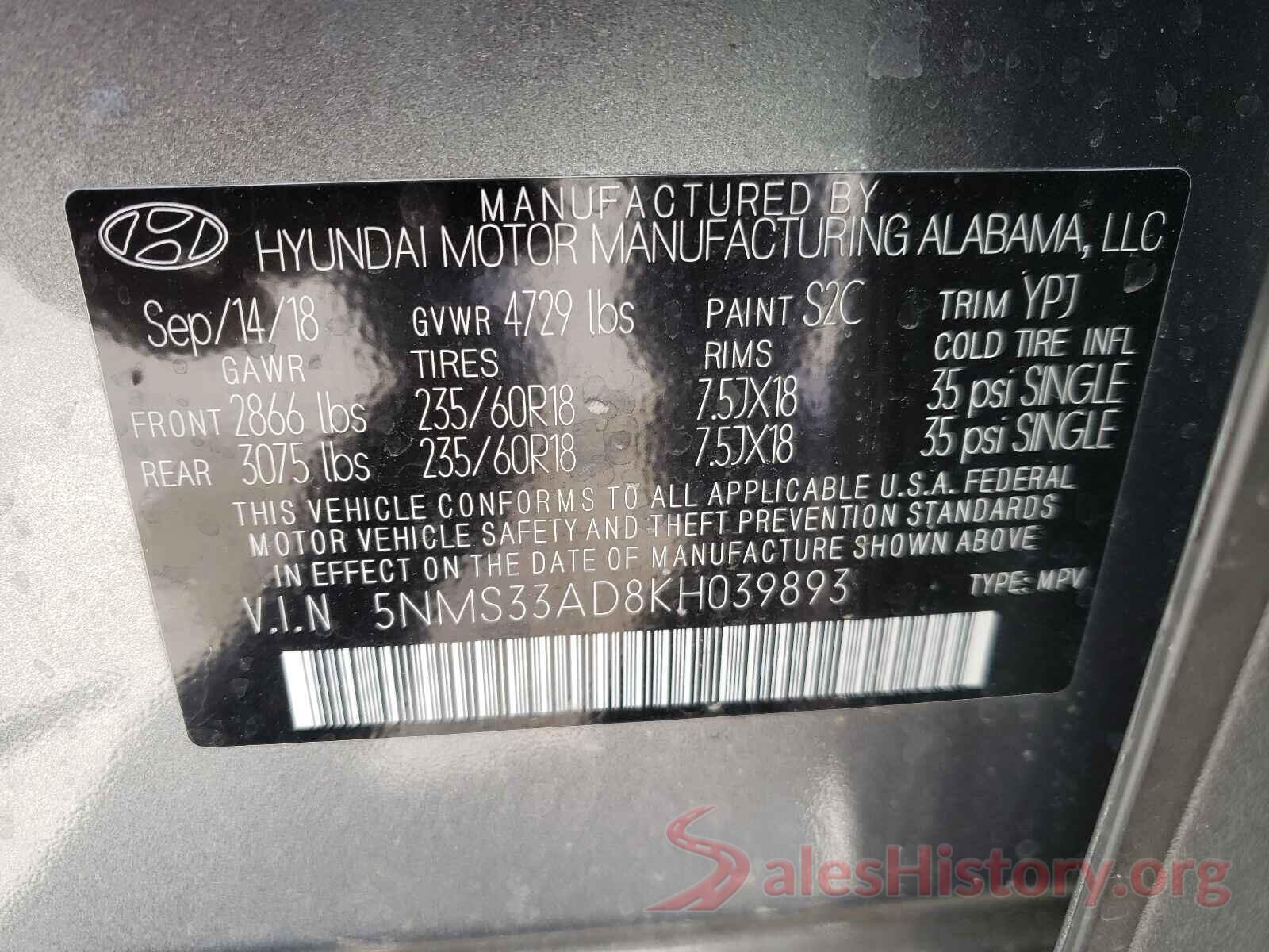 5NMS33AD8KH039893 2019 HYUNDAI SANTA FE