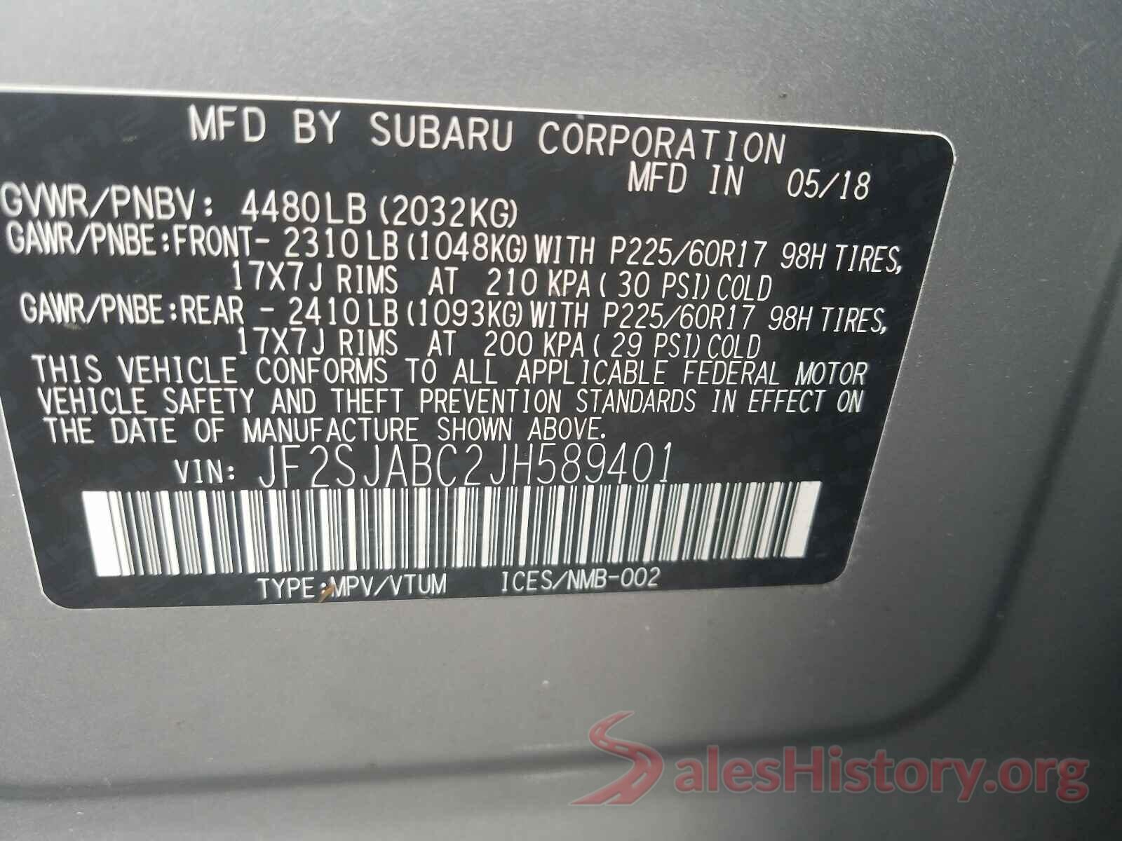 JF2SJABC2JH589401 2018 SUBARU FORESTER