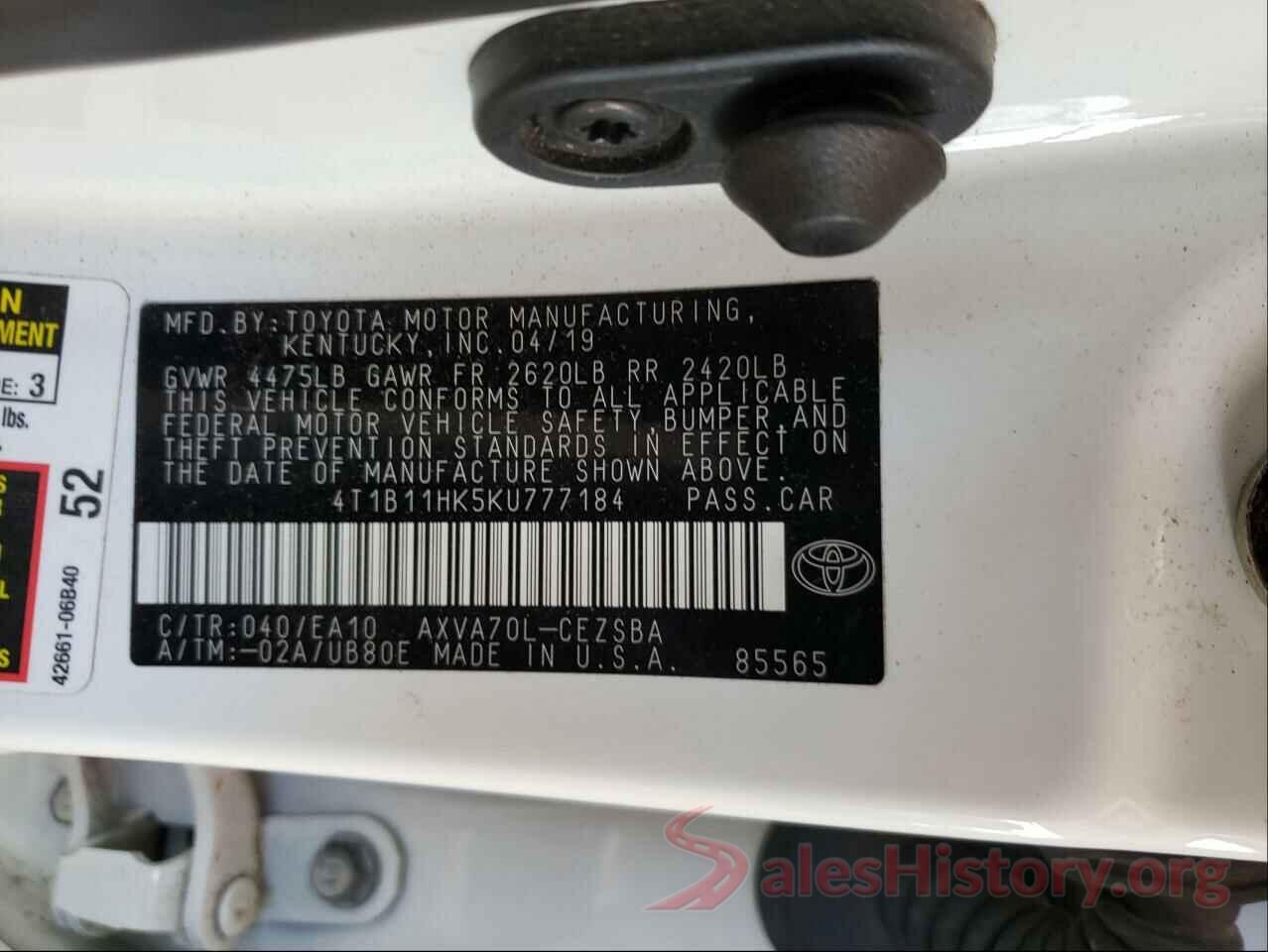 4T1B11HK5KU777184 2019 TOYOTA CAMRY