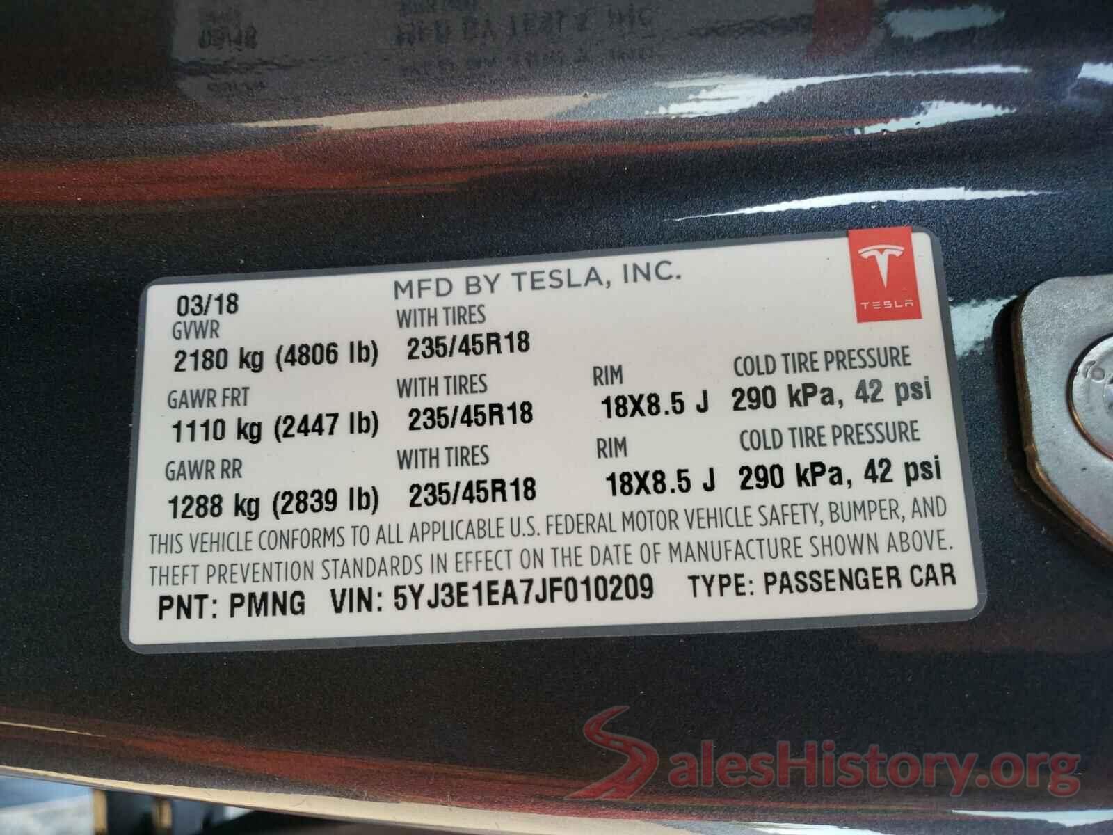 5YJ3E1EA7JF010209 2018 TESLA MODEL 3