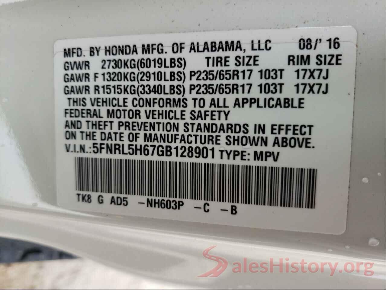 5FNRL5H67GB128901 2016 HONDA ODYSSEY