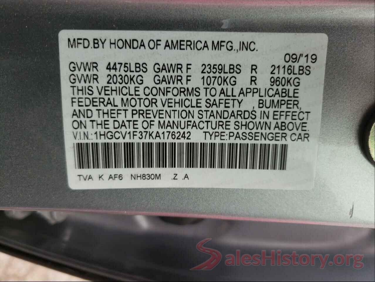 1HGCV1F37KA176242 2019 HONDA ACCORD