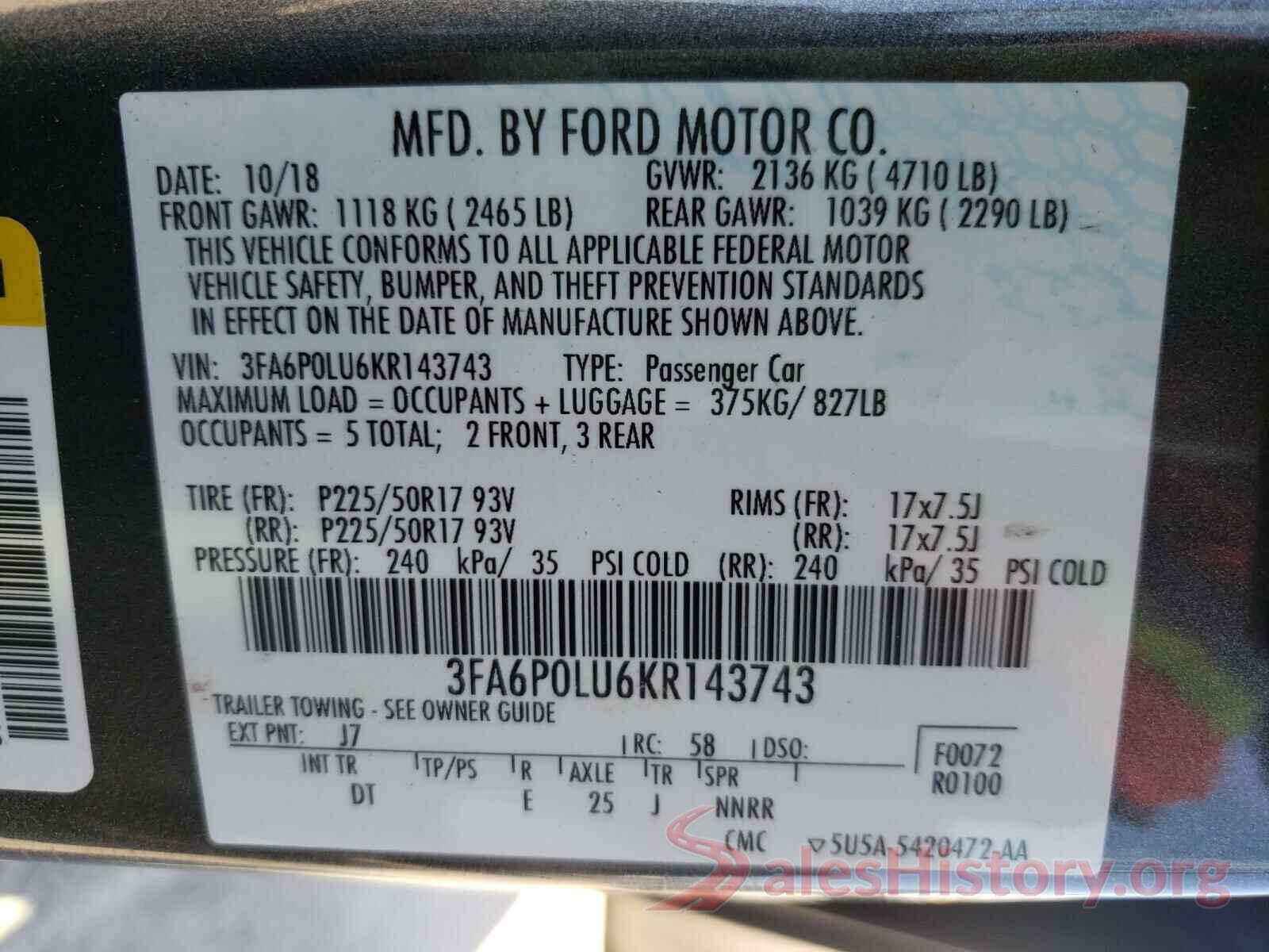 3FA6P0LU6KR143743 2019 FORD FUSION