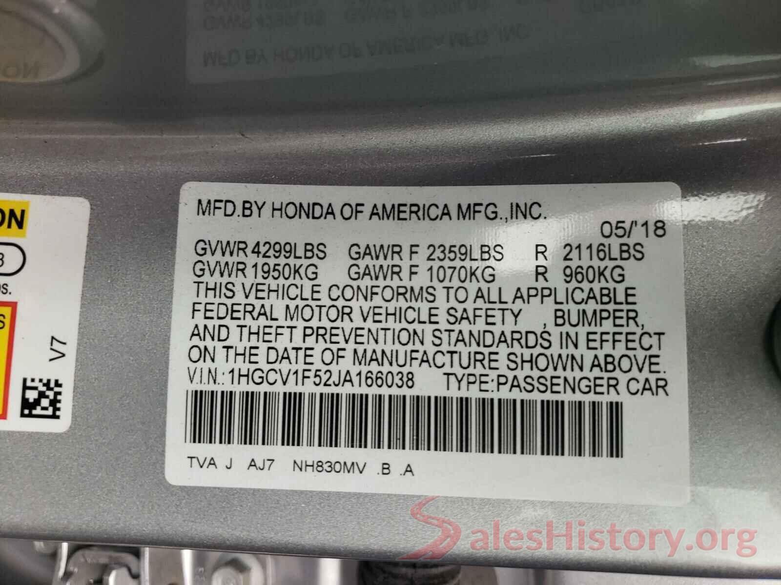 1HGCV1F52JA166038 2018 HONDA ACCORD