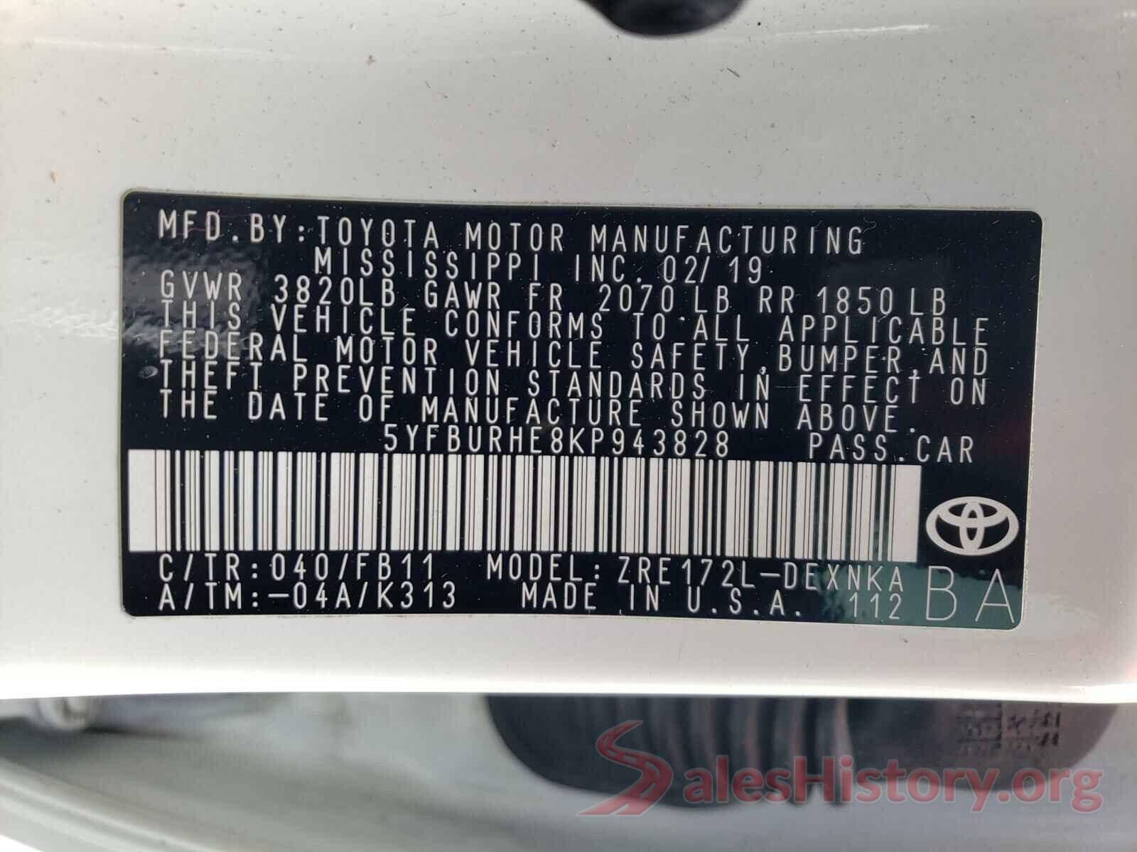 5YFBURHE8KP943828 2019 TOYOTA COROLLA