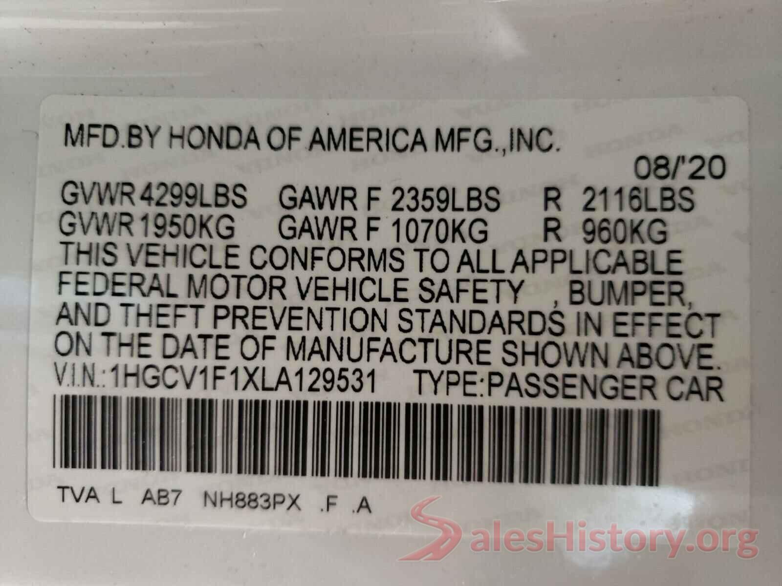 1HGCV1F1XLA129531 2020 HONDA ACCORD