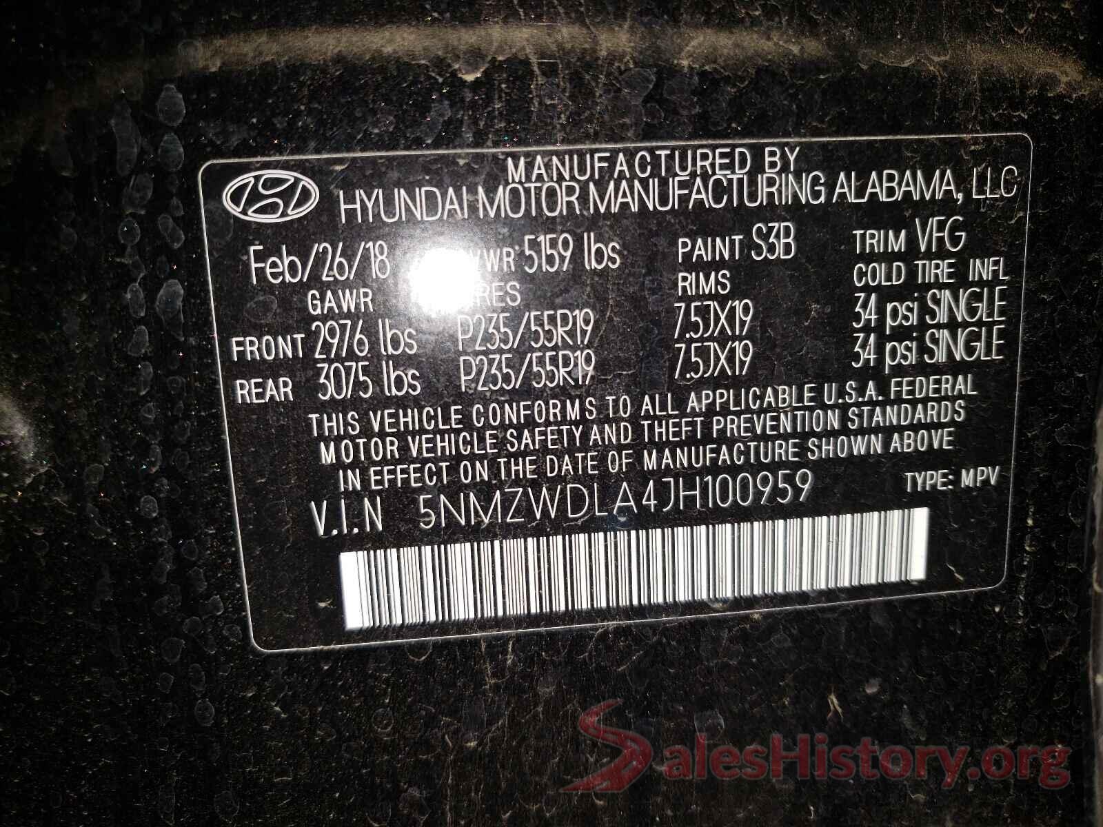 5NMZWDLA4JH100959 2018 HYUNDAI SANTA FE