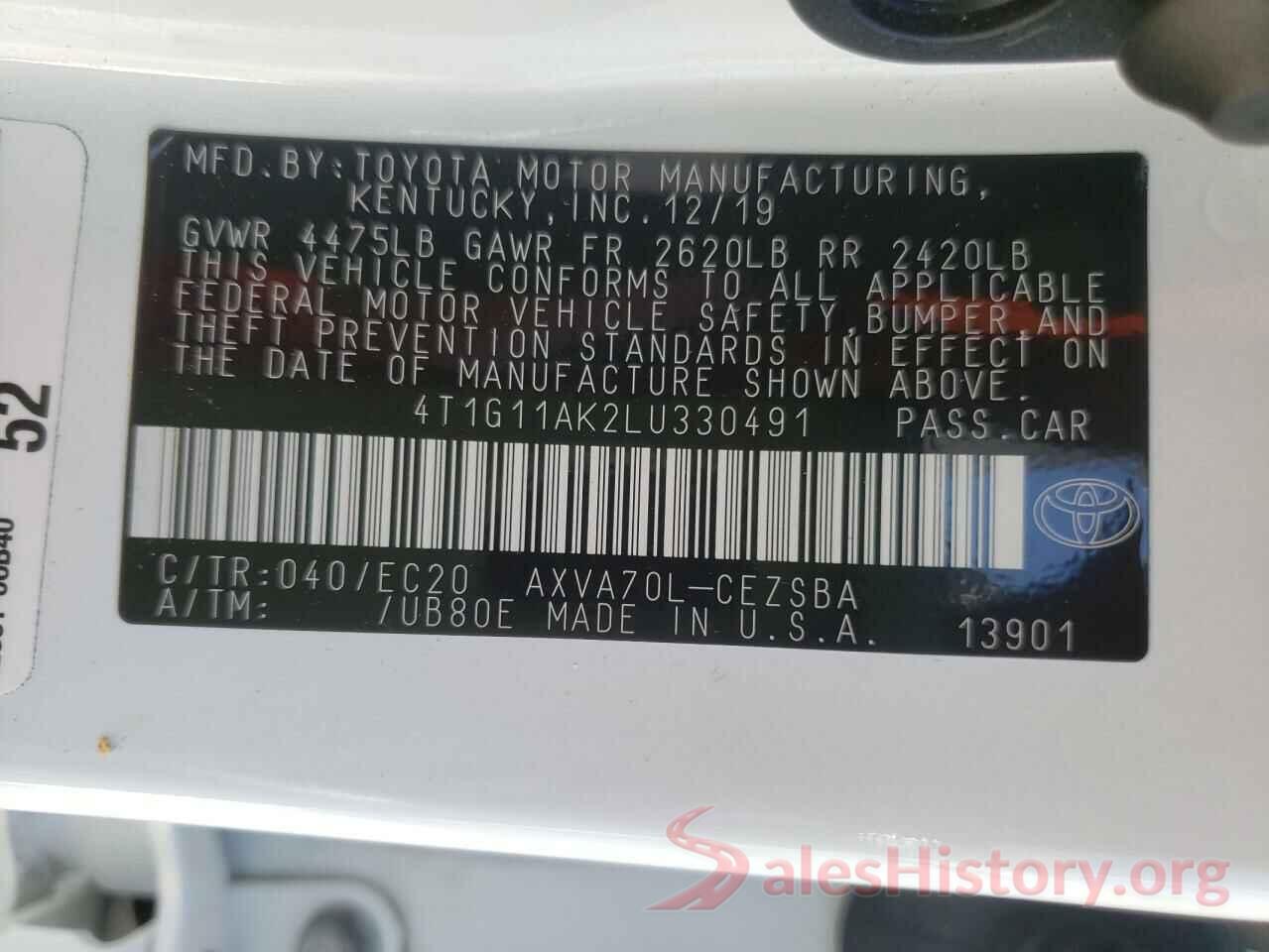 4T1G11AK2LU330491 2020 TOYOTA CAMRY