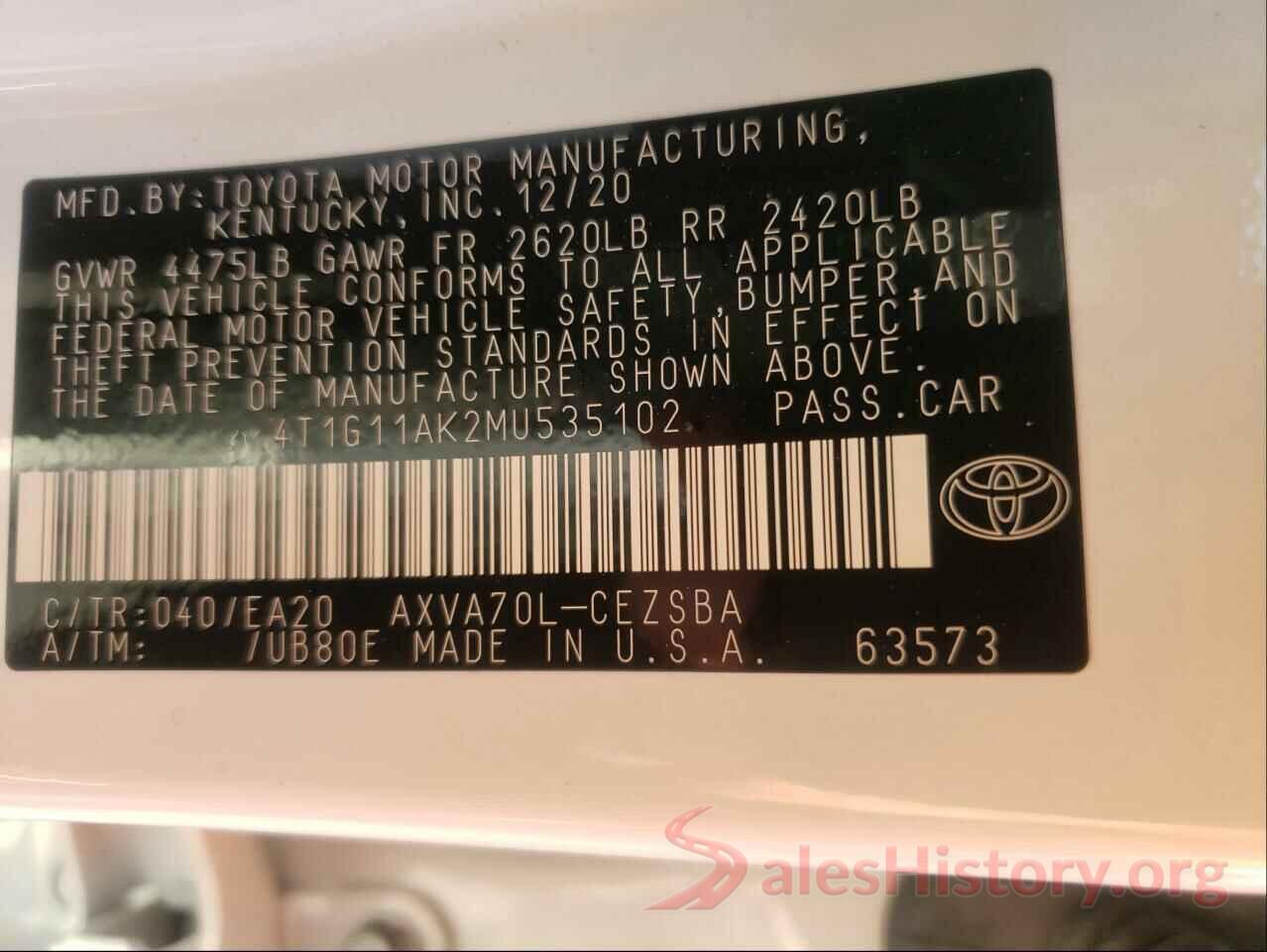 4T1G11AK2MU535102 2021 TOYOTA CAMRY