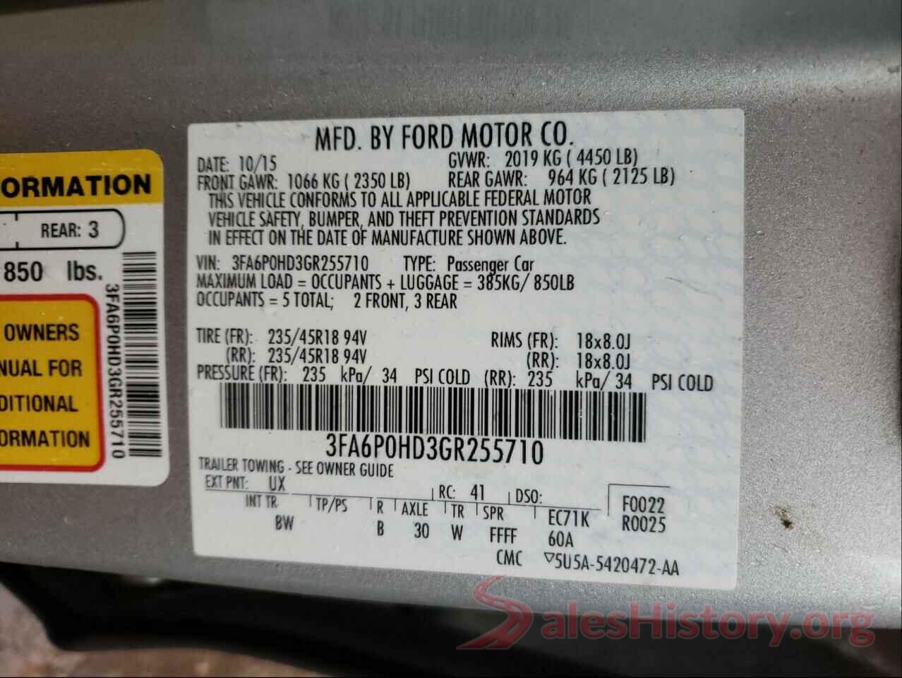 3FA6P0HD3GR255710 2016 FORD FUSION