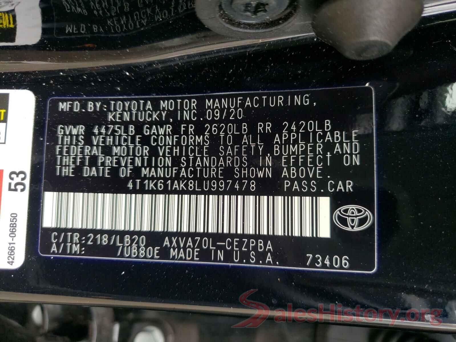 4T1K61AK8LU997478 2020 TOYOTA CAMRY