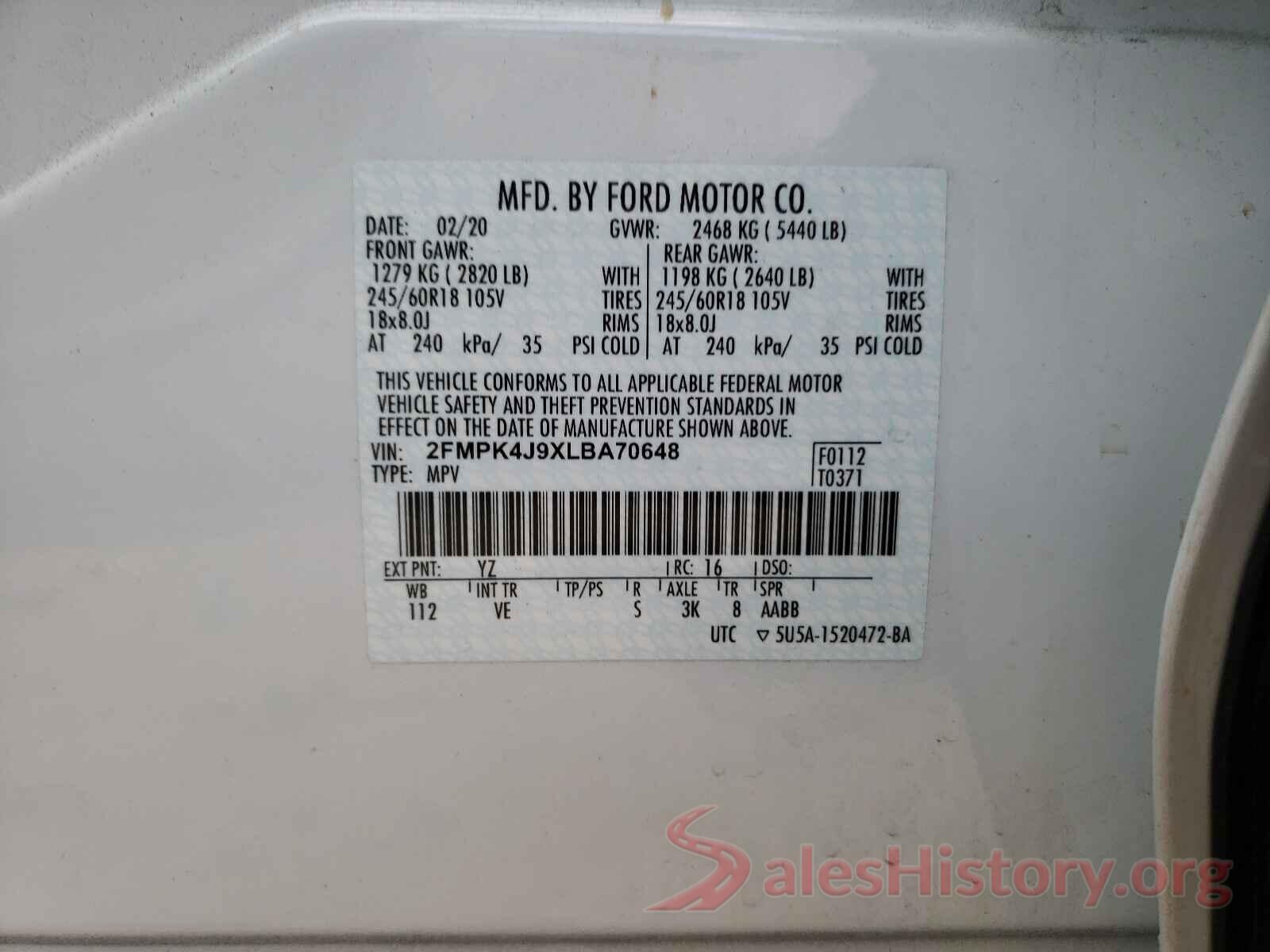 2FMPK4J9XLBA70648 2020 FORD EDGE