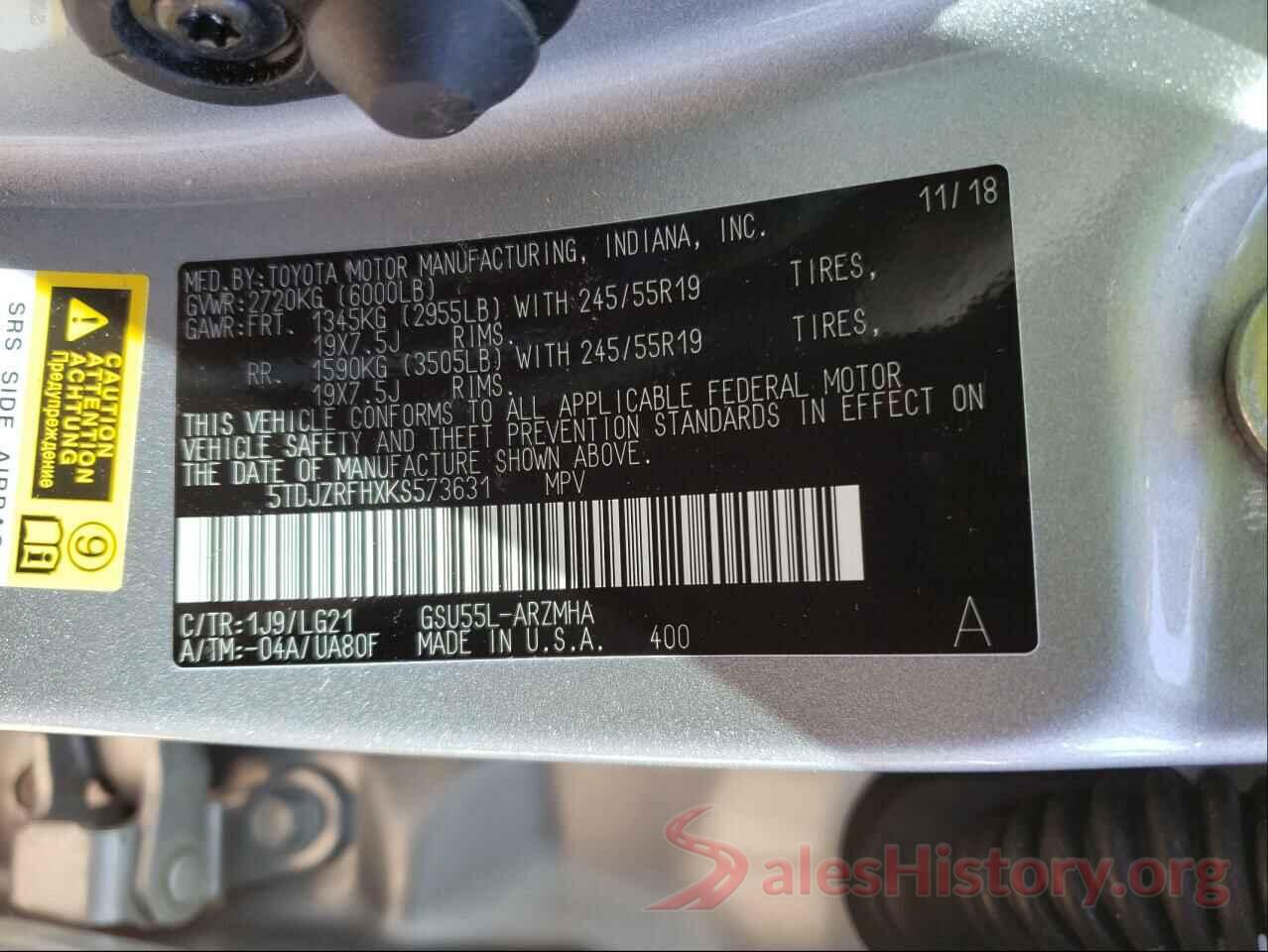 5TDJZRFHXKS573631 2019 TOYOTA HIGHLANDER