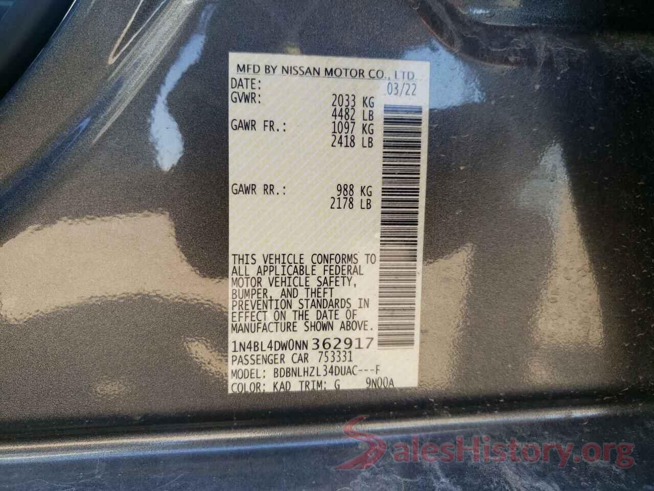 1N4BL4DW0NN362917 2022 NISSAN ALTIMA