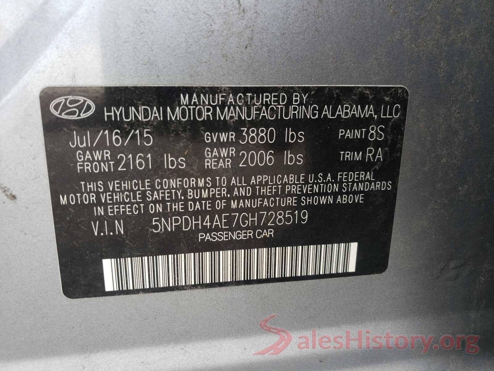 5NPDH4AE7GH728519 2016 HYUNDAI ELANTRA