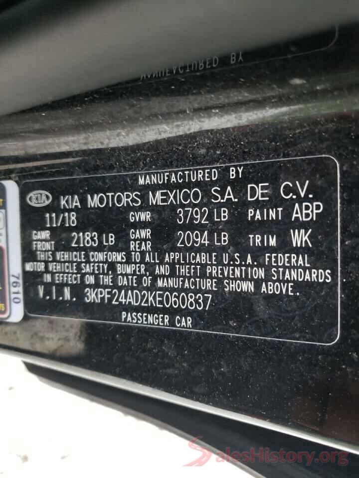 3KPF24AD2KE060837 2019 KIA FORTE