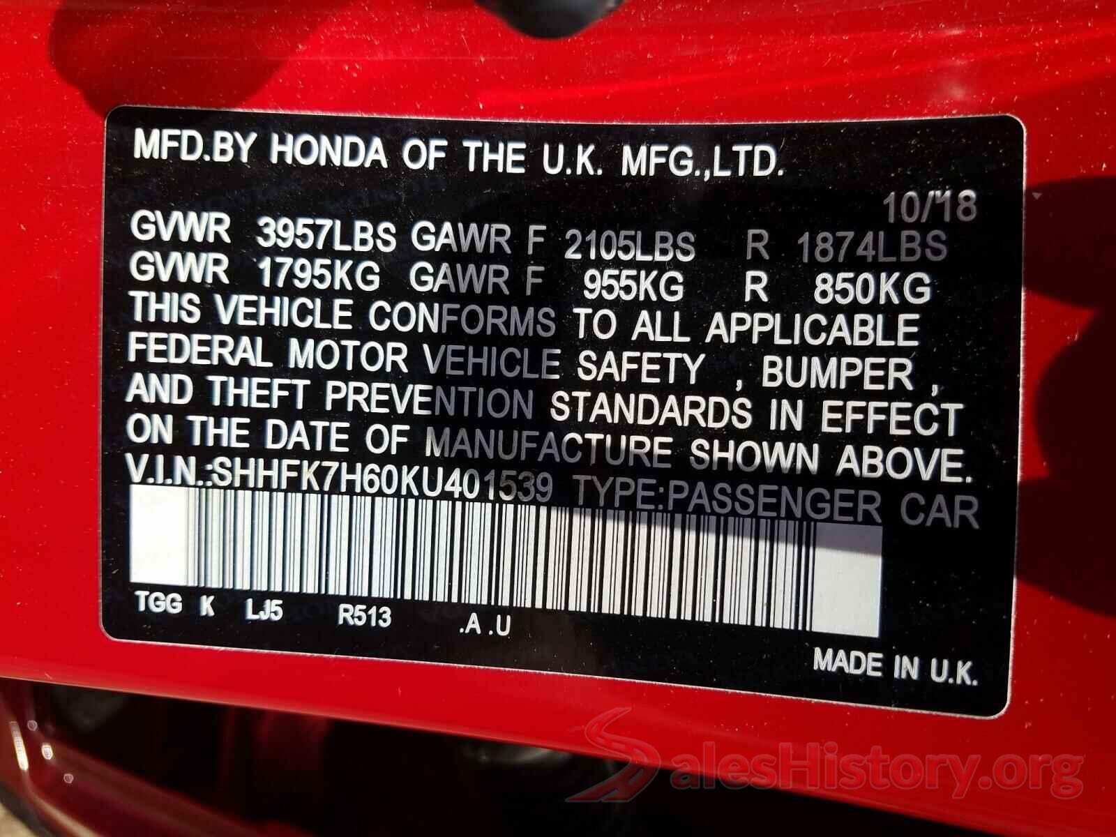 SHHFK7H60KU401539 2019 HONDA CIVIC