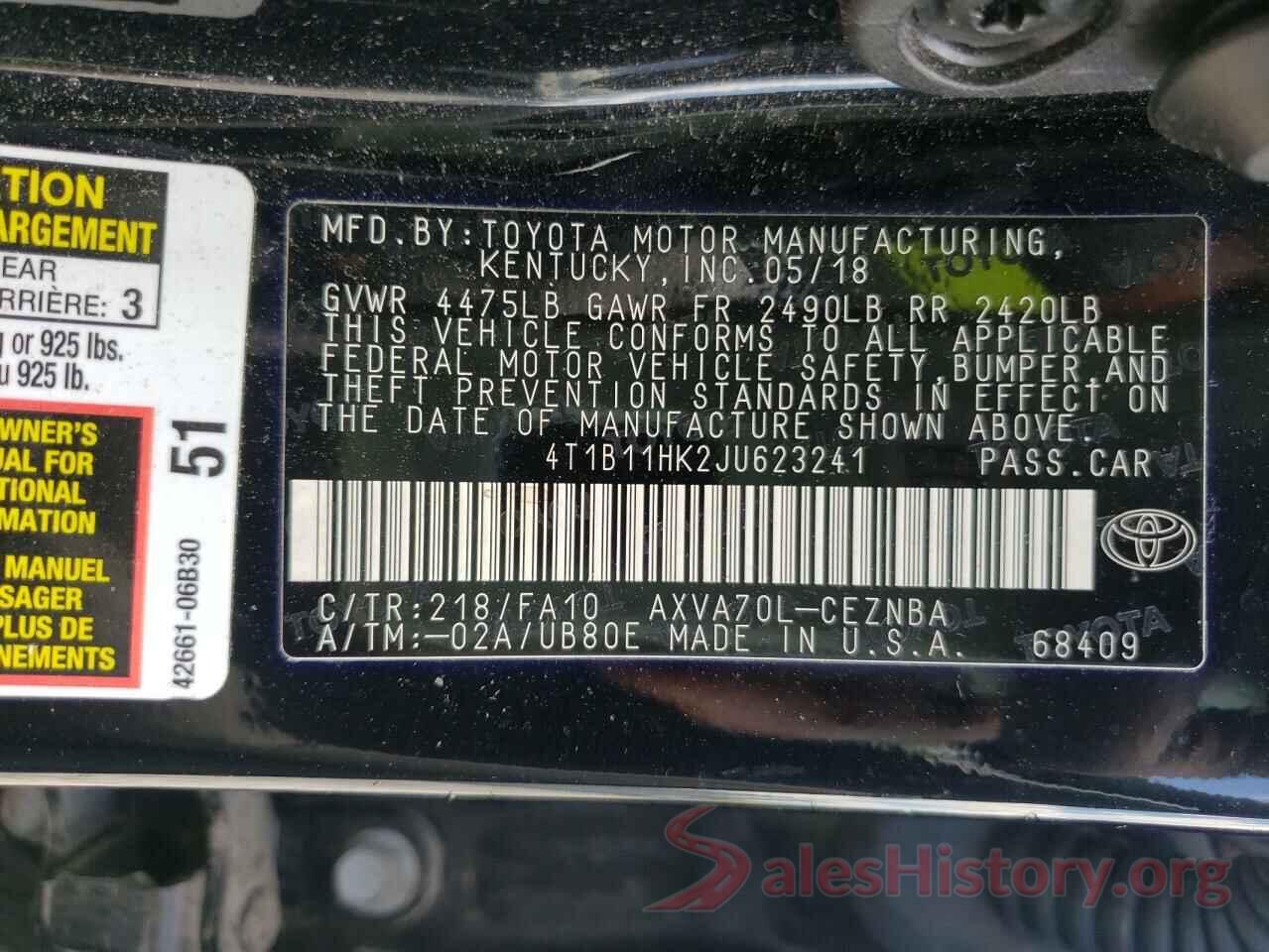 4T1B11HK2JU623241 2018 TOYOTA CAMRY