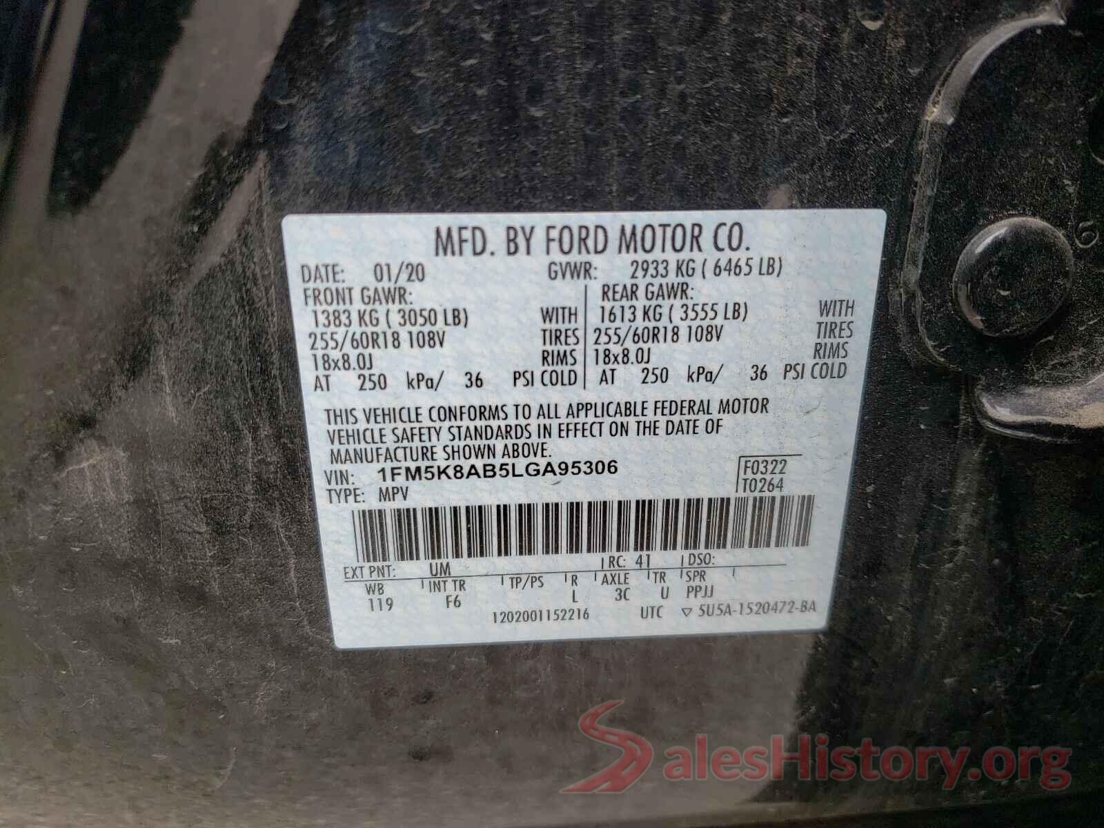 1FM5K8AB5LGA95306 2020 FORD EXPLORER