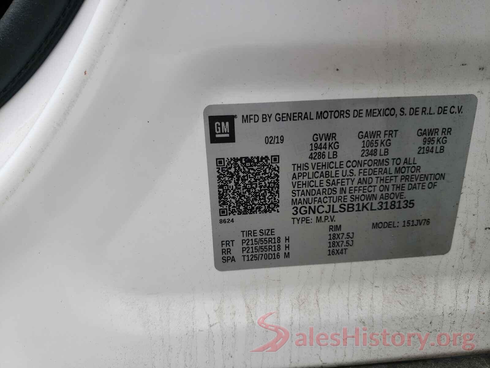 3GNCJLSB1KL318135 2019 CHEVROLET TRAX