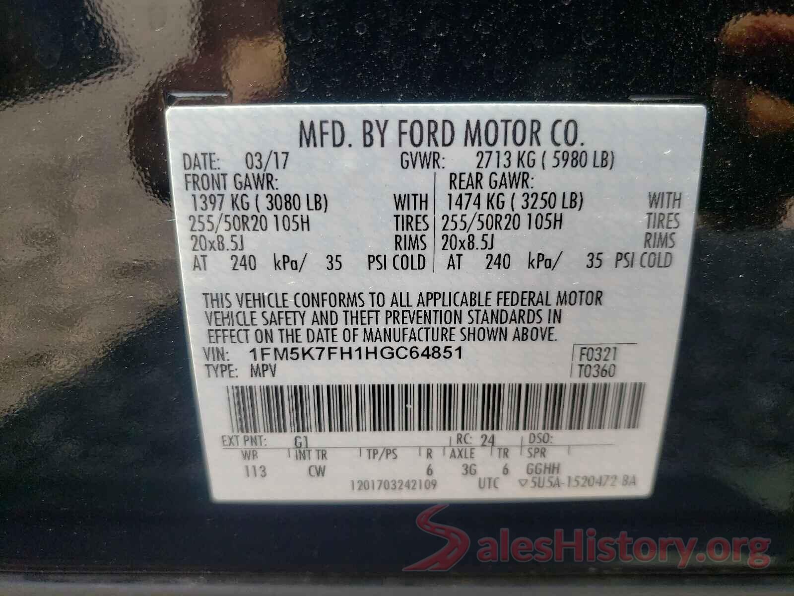 1FM5K7FH1HGC64851 2017 FORD EXPLORER