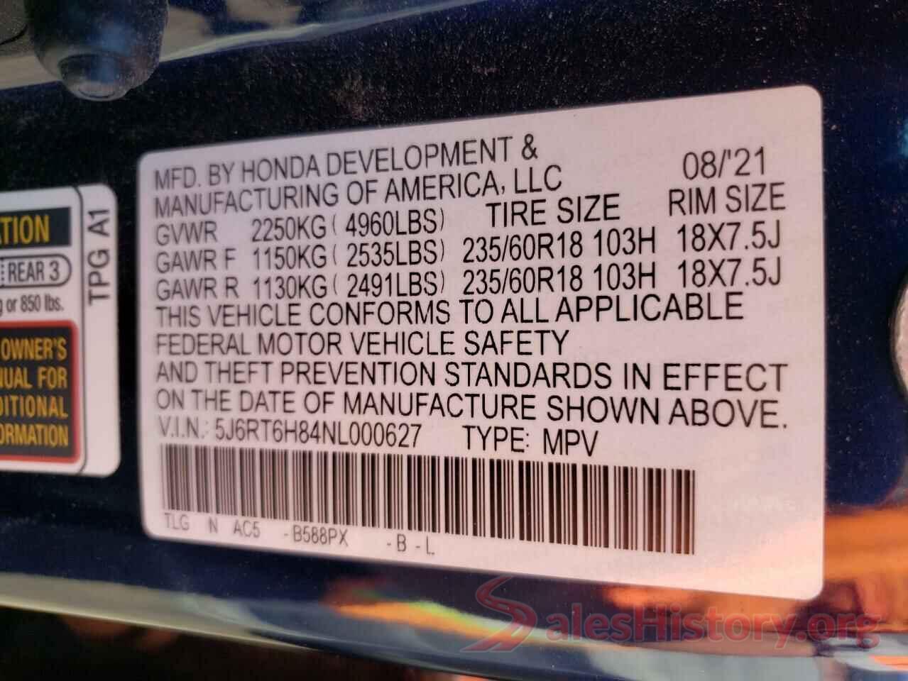 5J6RT6H84NL000627 2022 HONDA CRV