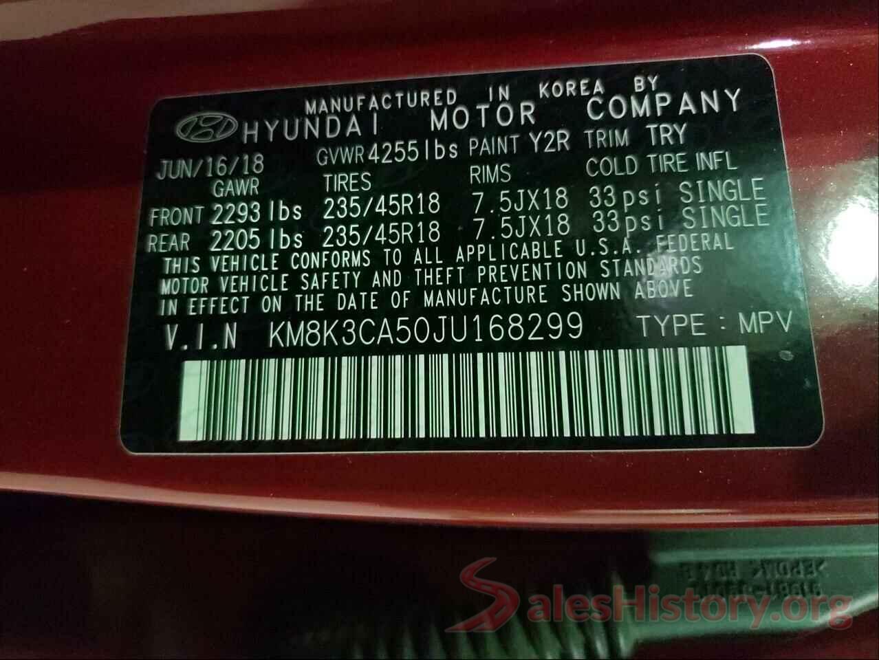 KM8K3CA50JU168299 2018 HYUNDAI KONA