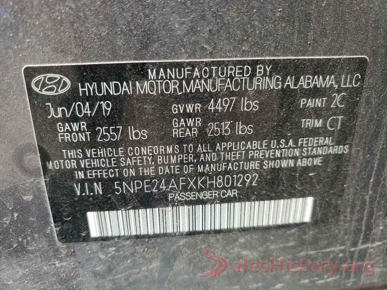 5NPE24AFXKH801292 2019 HYUNDAI SONATA