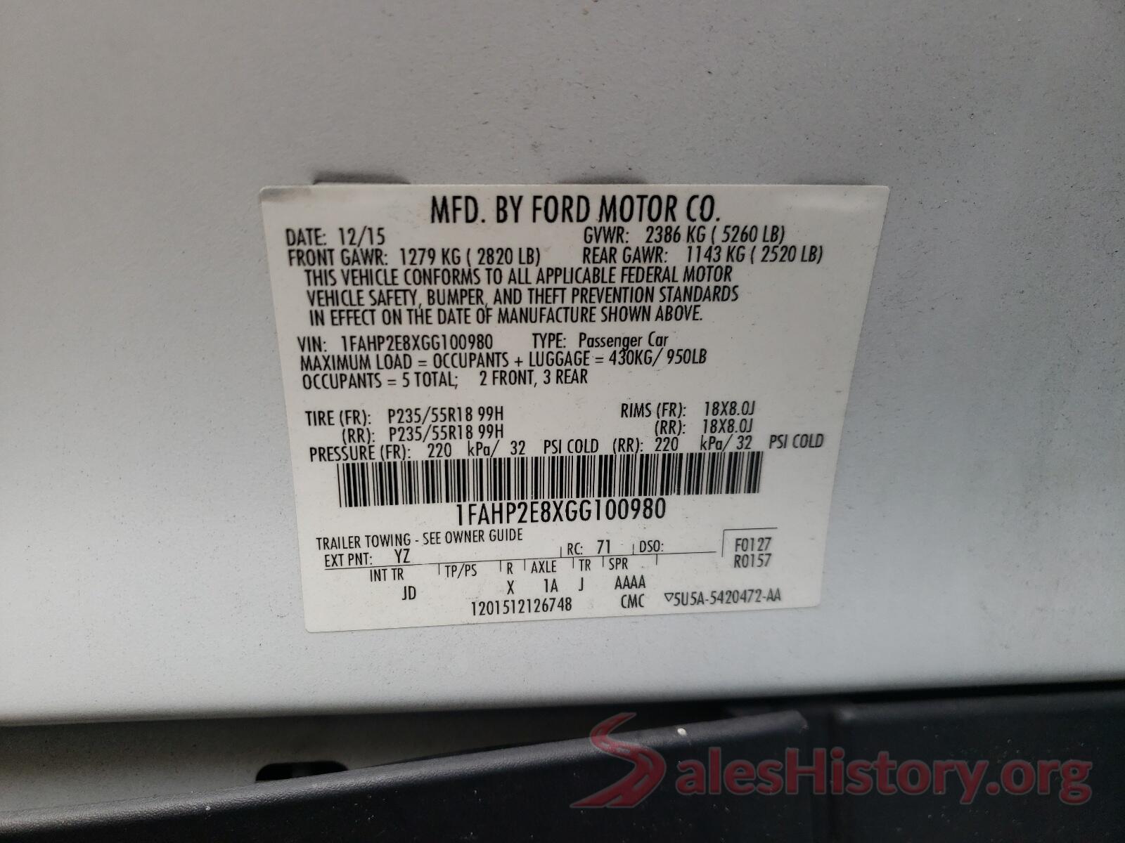 1FAHP2E8XGG100980 2016 FORD TAURUS