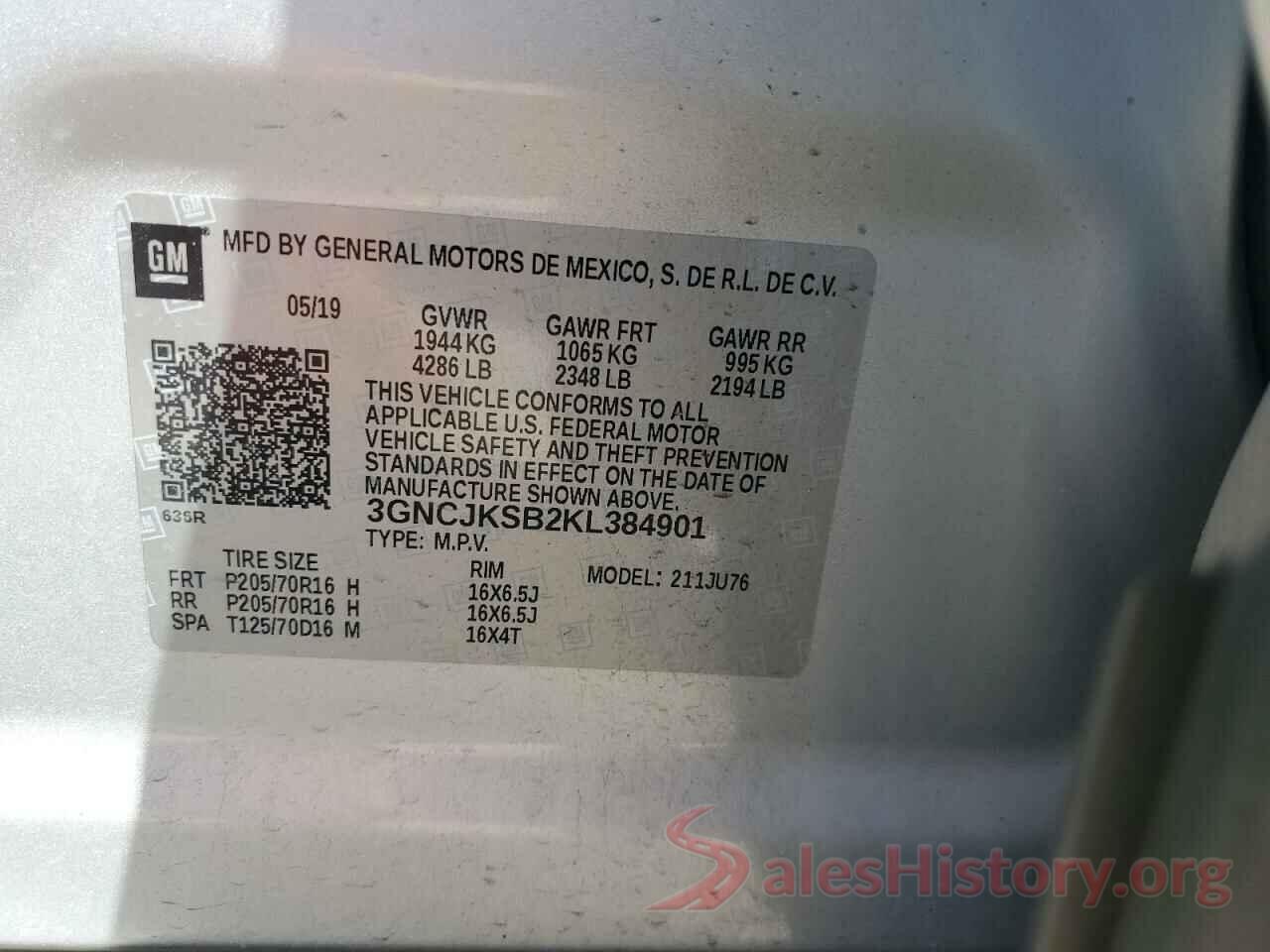 3GNCJKSB2KL384901 2019 CHEVROLET TRAX