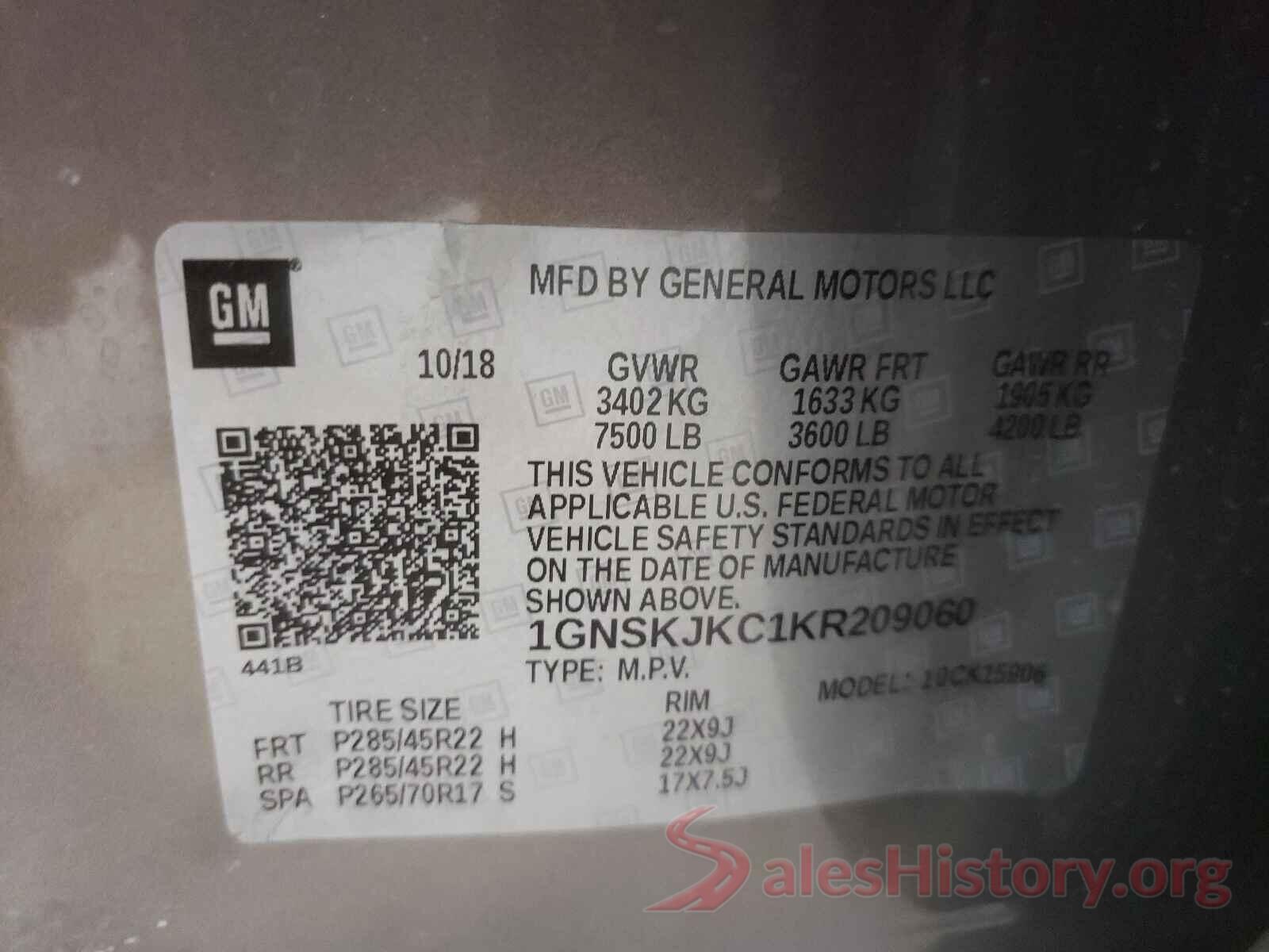 1GNSKJKC1KR209060 2019 CHEVROLET SUBURBAN