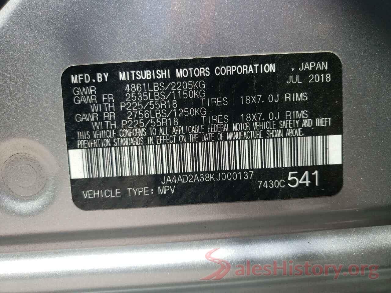 JA4AD2A38KJ000137 2019 MITSUBISHI OUTLANDER