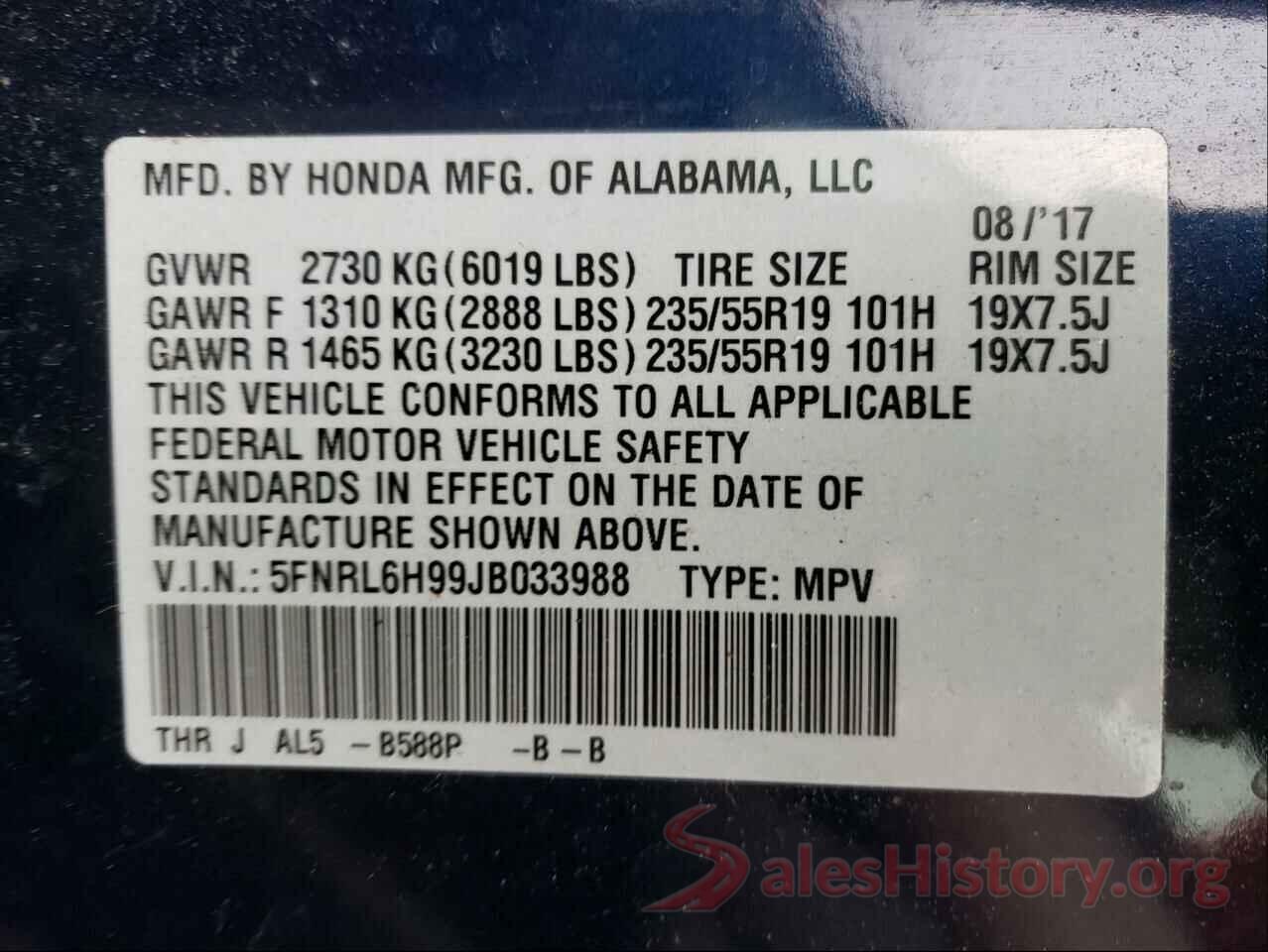 5FNRL6H99JB033988 2018 HONDA ODYSSEY