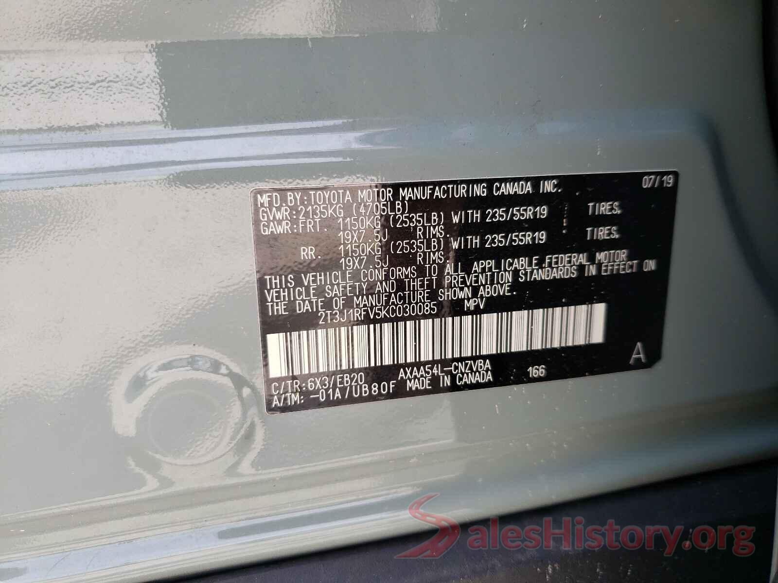 2T3J1RFV5KC030085 2019 TOYOTA RAV4