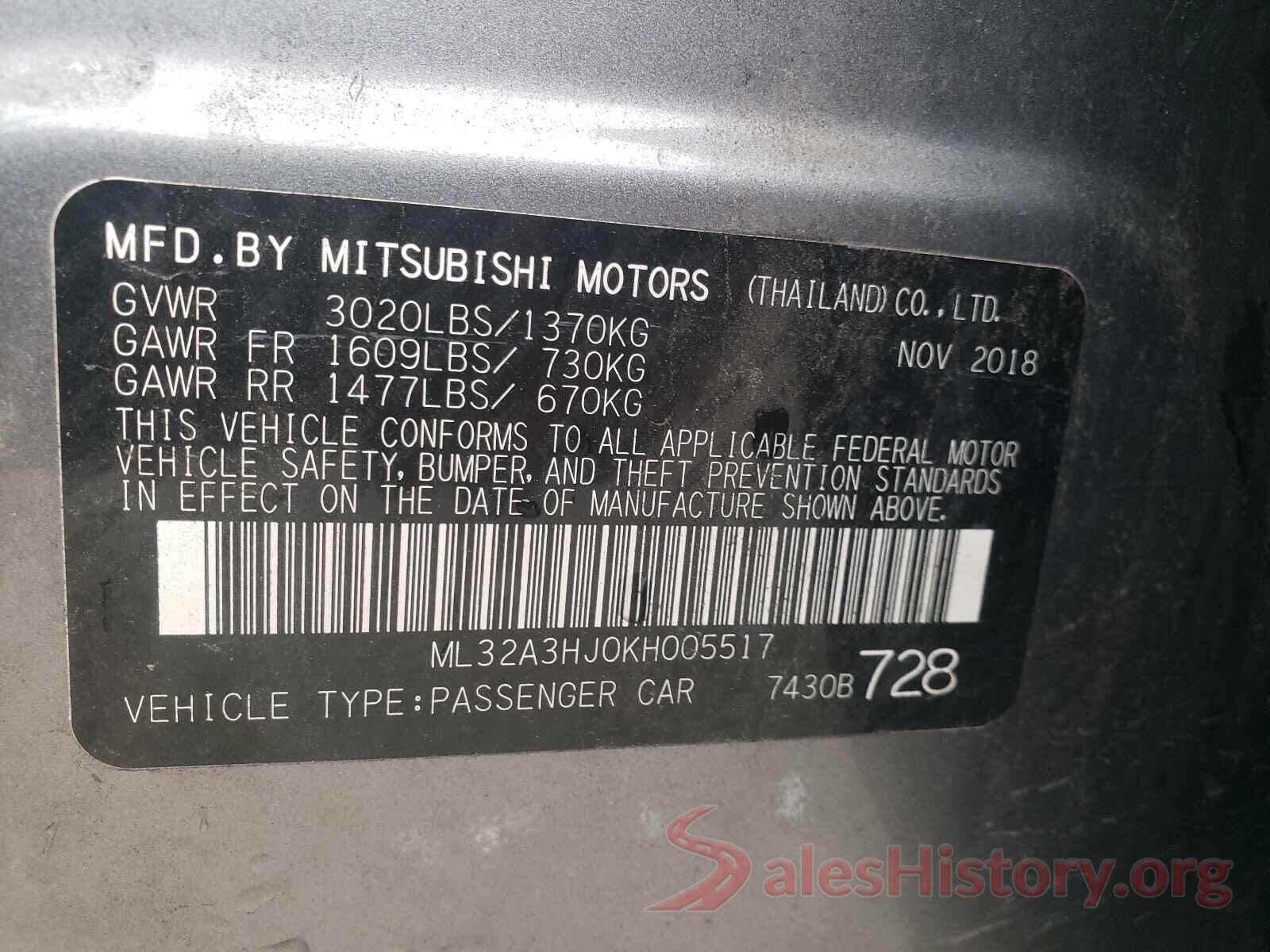 ML32A3HJ0KH005517 2019 MITSUBISHI MIRAGE