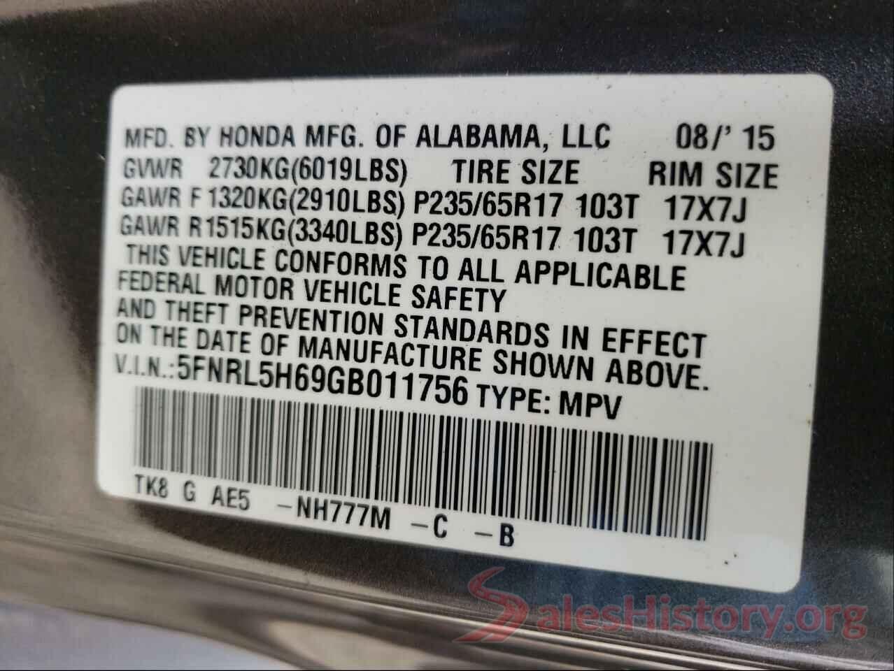 5FNRL5H69GB011756 2016 HONDA ODYSSEY