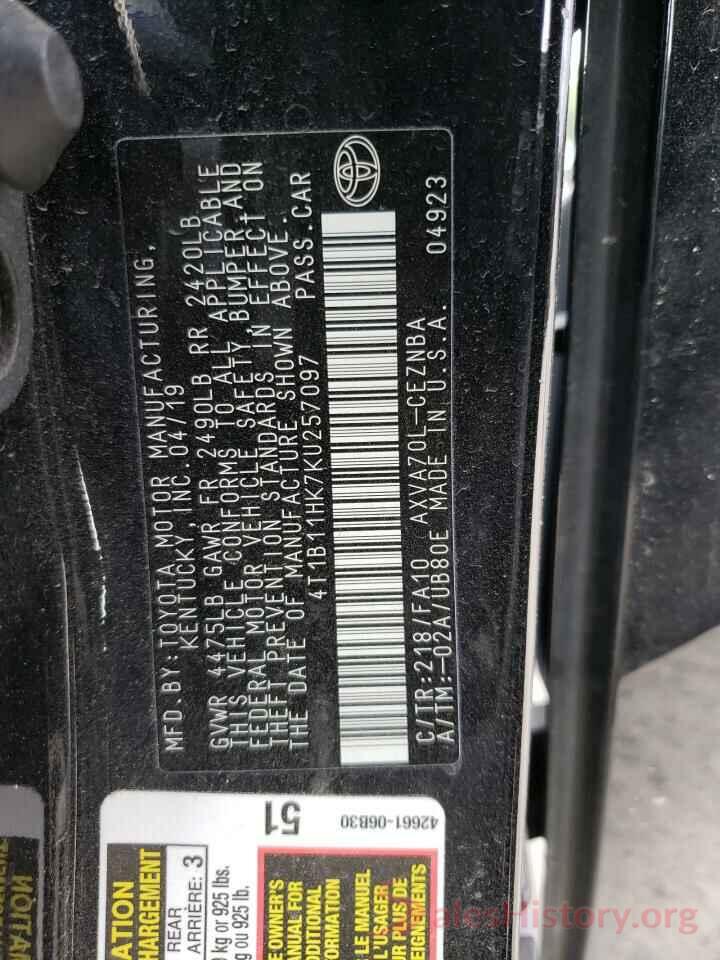 4T1B11HK7KU257097 2019 TOYOTA CAMRY